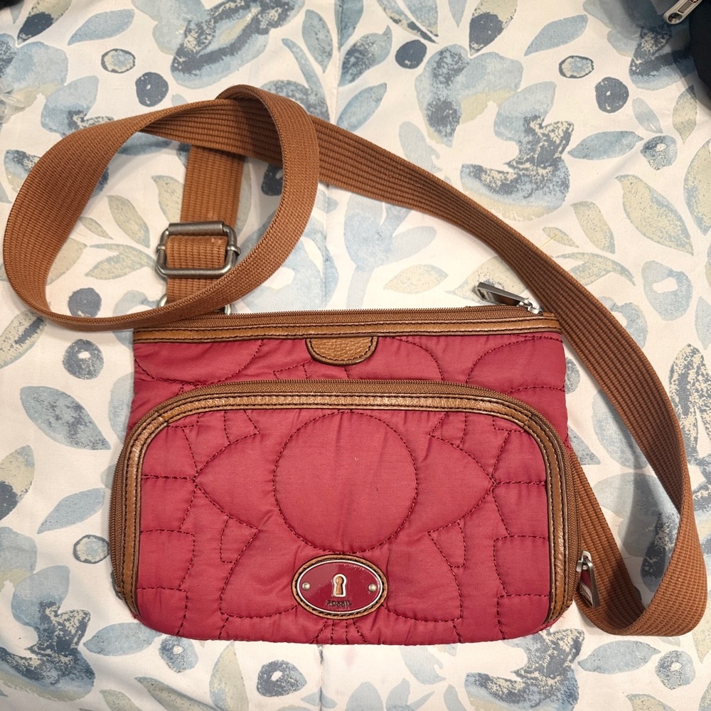 Fossil Raspberry Red And Tan Quilted Crossbody Bag - image 1